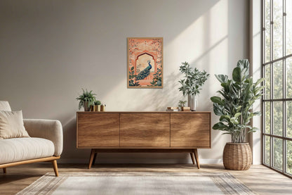 Living Room Cabinet Preview of Graceful Peacock in Mughal Art – Traditional Wall Decor Painting in Natrual Color Frame