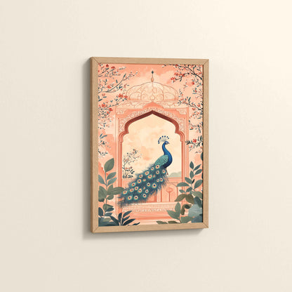 Side View of Graceful Peacock in Mughal Art – Traditional Wall Decor Painting in Natrual Color Frame