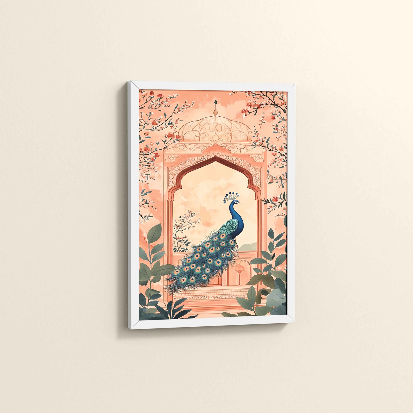 Side View of Graceful Peacock in Mughal Art – Traditional Wall Decor Painting in White Color Frame