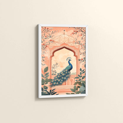 Side View of Graceful Peacock in Mughal Art – Traditional Wall Decor Painting in White Color Frame