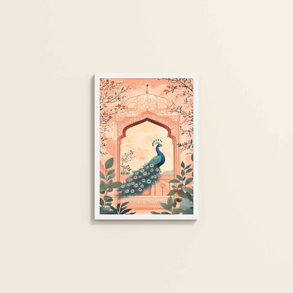 Wall View of Graceful Peacock in Mughal Art – Traditional Wall Decor Painting in White Color Frame