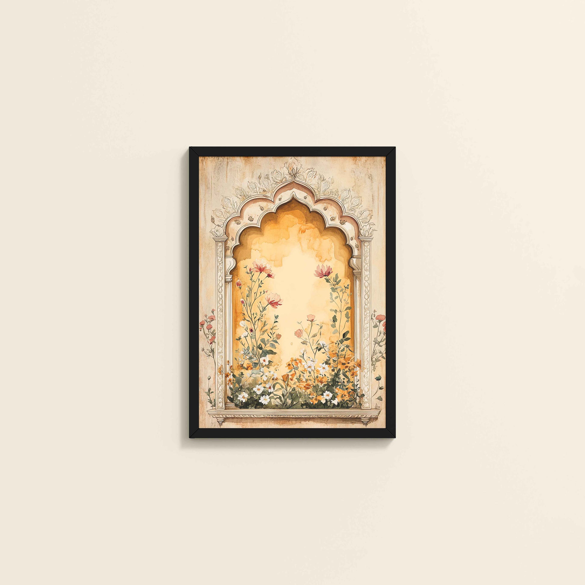 Wall View of Mughal Garden Bloom – Floral Wall Art Frame in Black Color Frame