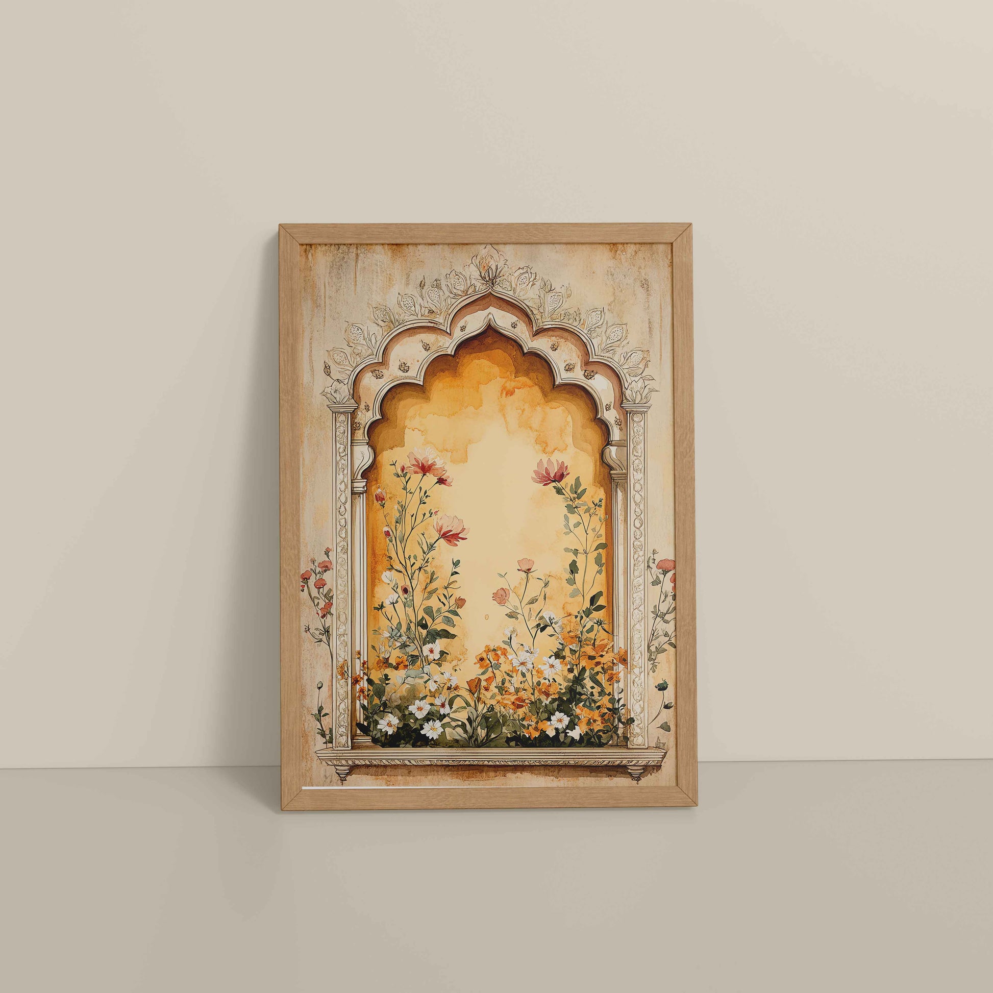 Floor View of Mughal Garden Bloom – Floral Wall Art Frame in Natrual Color Frame