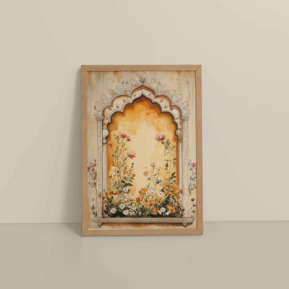 Floor View of Mughal Garden Bloom – Floral Wall Art Frame in Natrual Color Frame