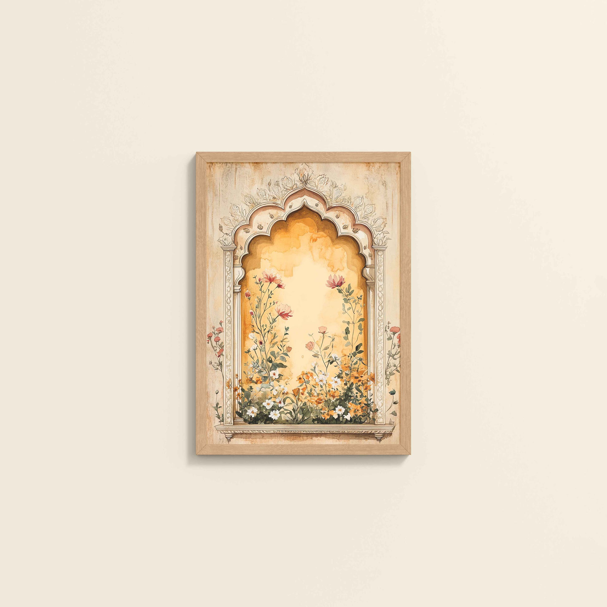 Wall View of Mughal Garden Bloom – Floral Wall Art Frame in Natrual Color Frame