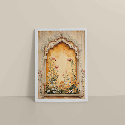 Floor View of Mughal Garden Bloom – Floral Wall Art Frame in White Color Frame