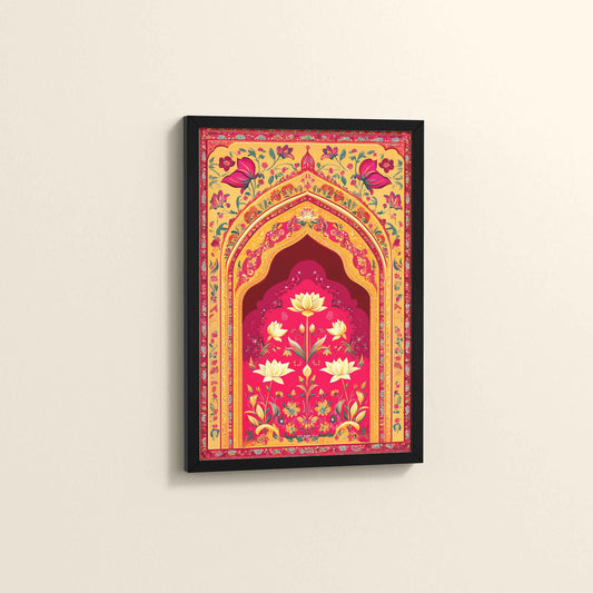 Side View of Golden Arch & Lotus Motif – Mughal-Inspired Wall Decor in Black Color Frame