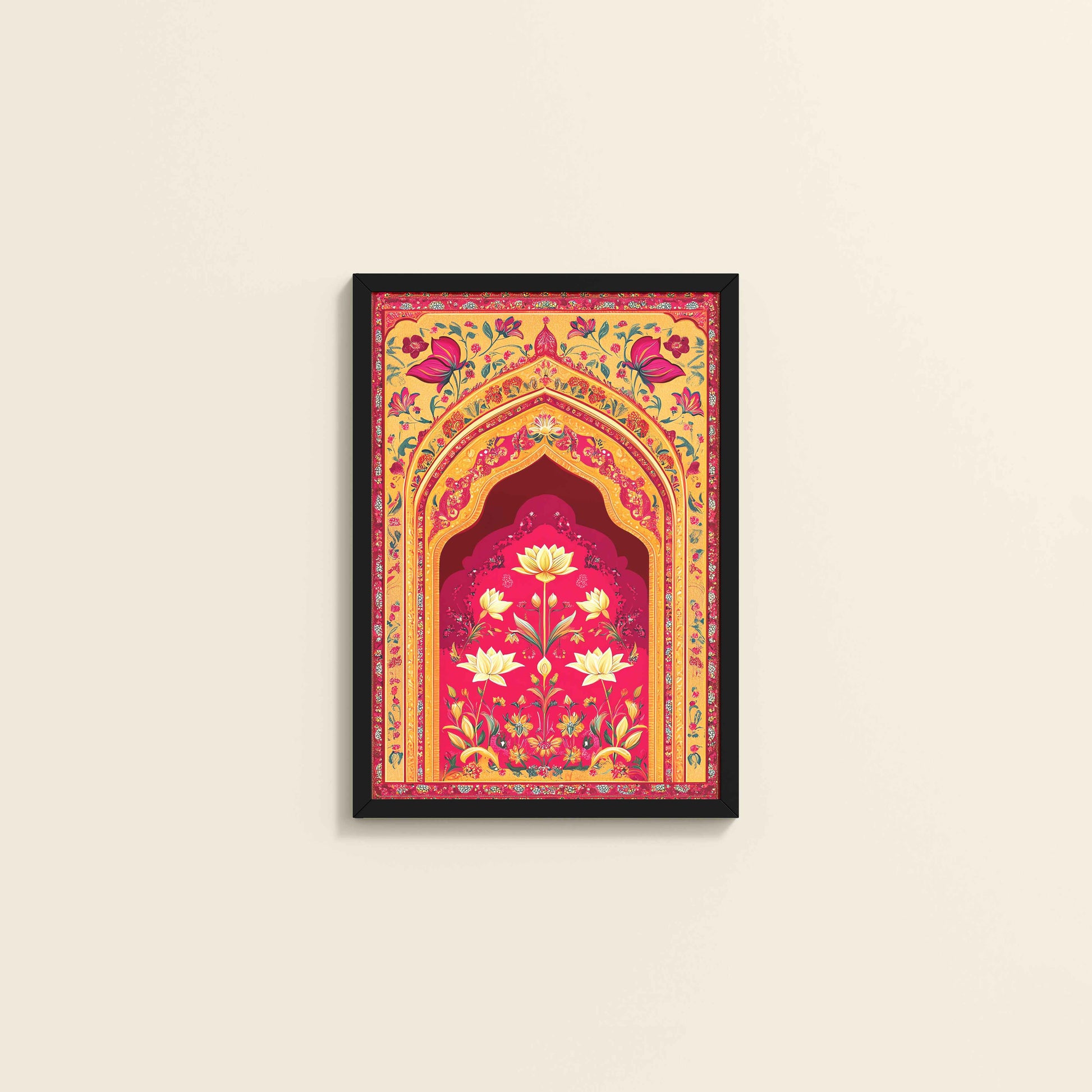 Wall View of Golden Arch & Lotus Motif – Mughal-Inspired Wall Decor in Black Color Frame
