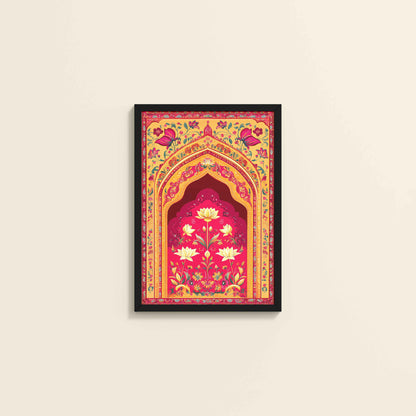 Wall View of Golden Arch & Lotus Motif – Mughal-Inspired Wall Decor in Black Color Frame