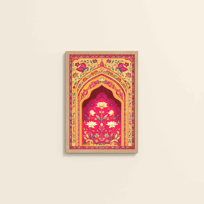 Wall View of Golden Arch & Lotus Motif – Mughal-Inspired Wall Decor in Natrual Color Frame