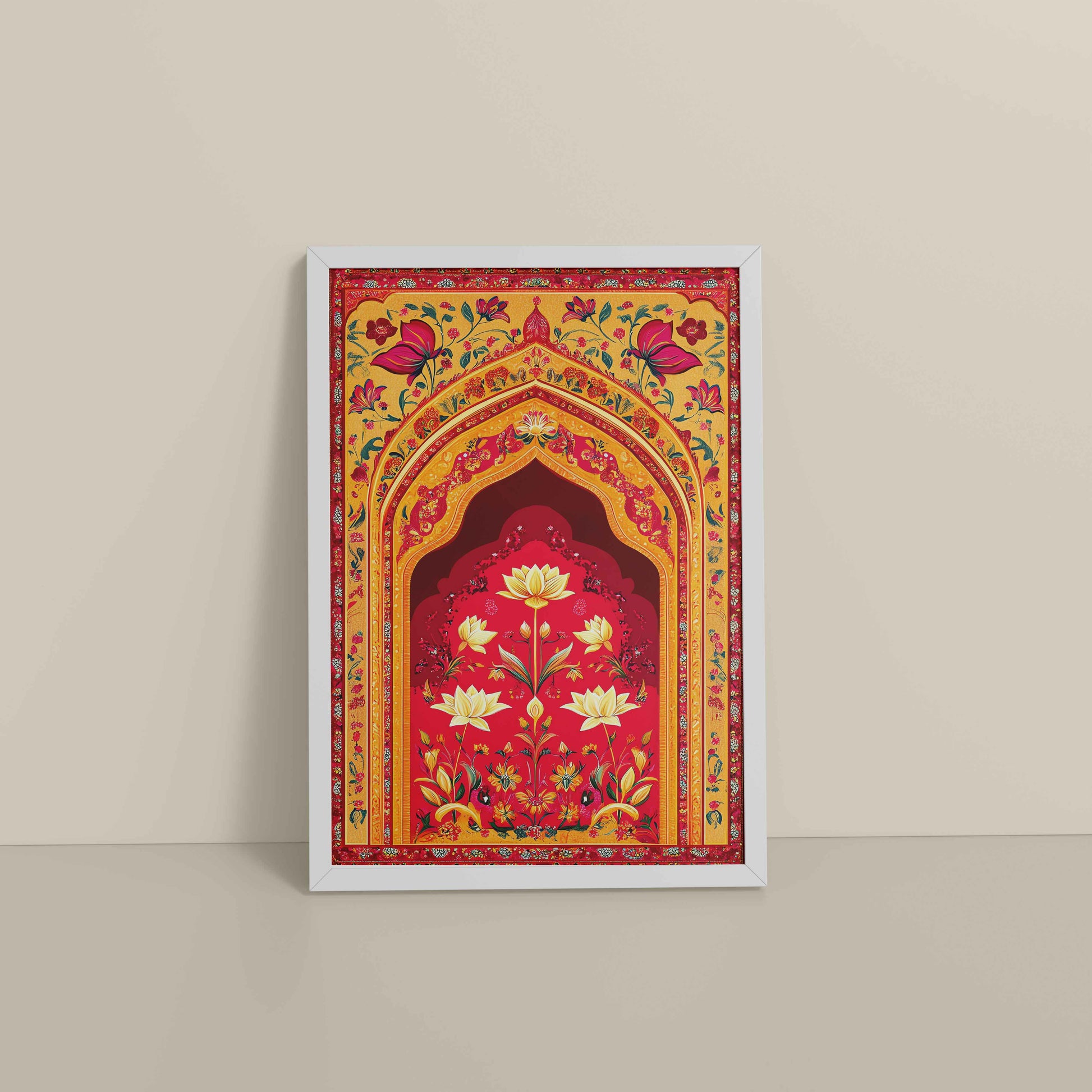 Floor View of Golden Arch & Lotus Motif – Mughal-Inspired Wall Decor in White Color Frame