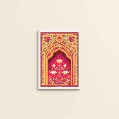 Wall View of Golden Arch & Lotus Motif – Mughal-Inspired Wall Decor in White Color Frame