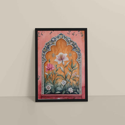 Floor View of Royal Arch & Bloom – Traditional Mughal-Style Painting in Black Color Frame