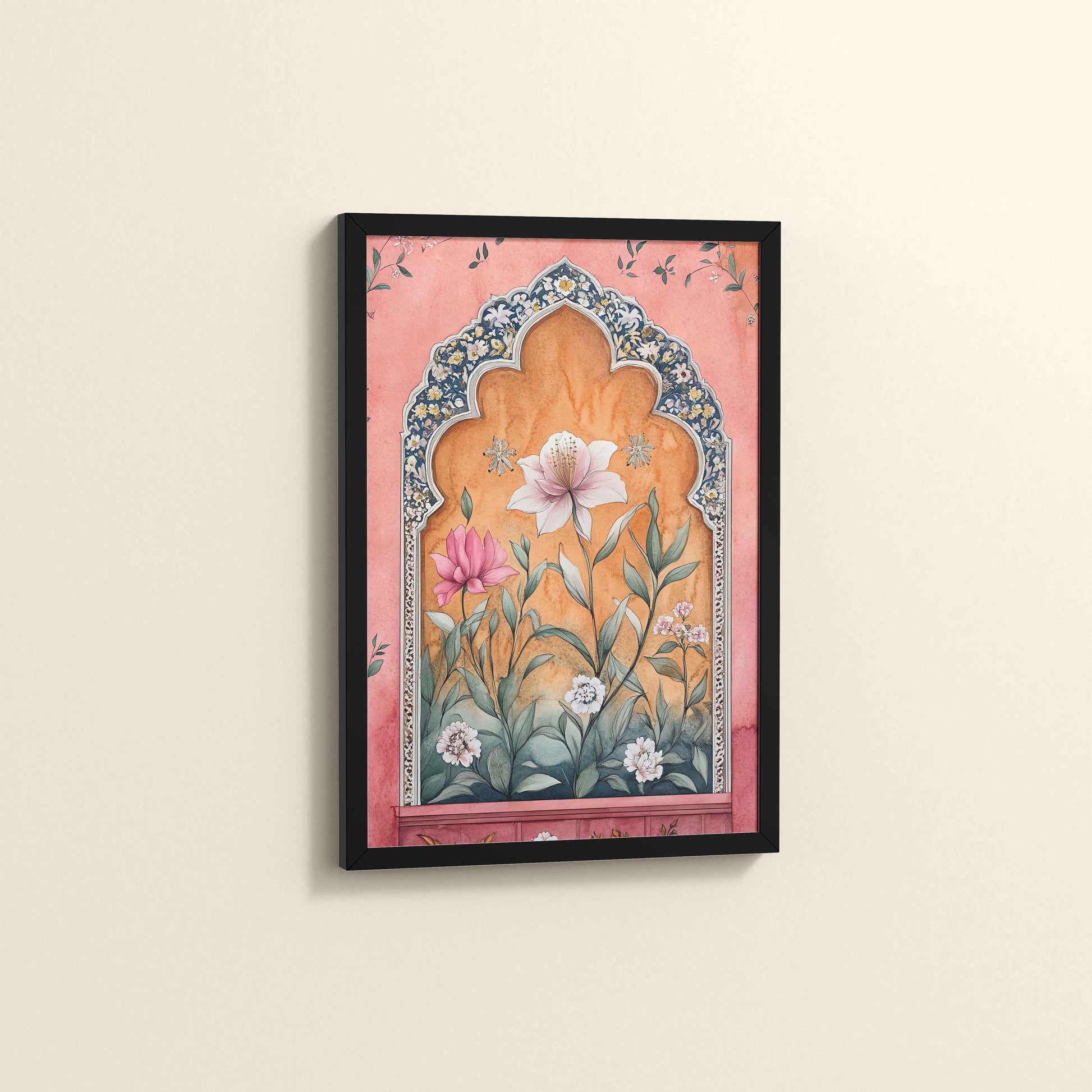 Side View of Royal Arch & Bloom – Traditional Mughal-Style Painting in Black Color Frame