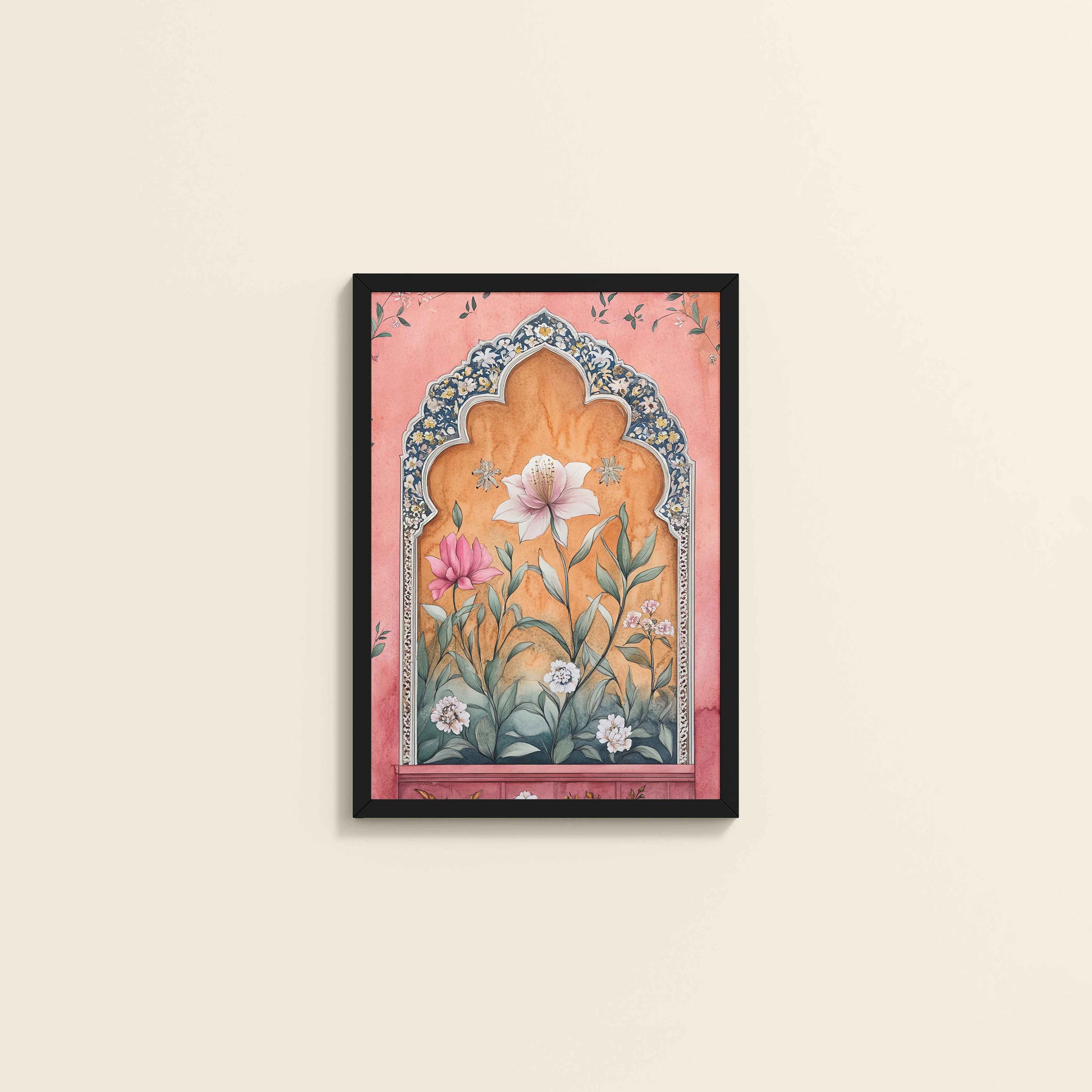 Wall View of Royal Arch & Bloom – Traditional Mughal-Style Painting in Black Color Frame