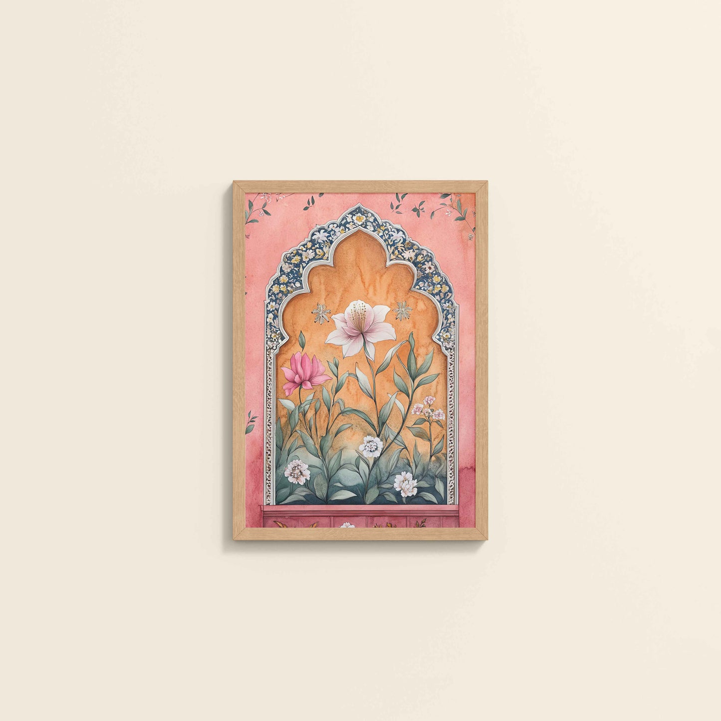 Wall View of Royal Arch & Bloom – Traditional Mughal-Style Painting in Natrual Color Frame