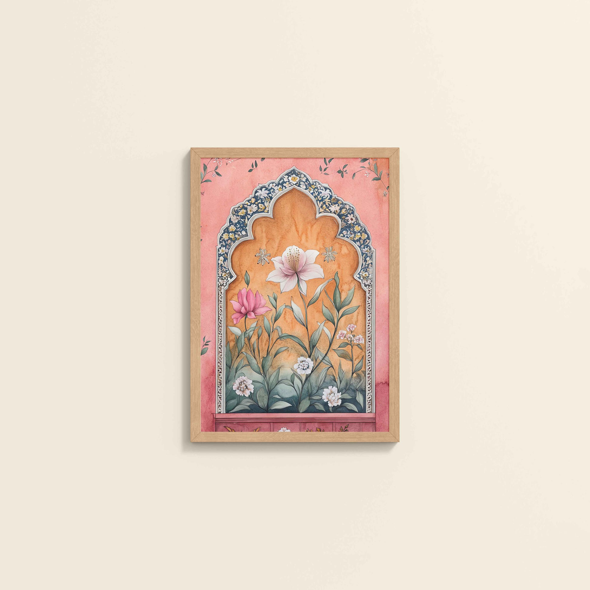 Wall View of Royal Arch & Bloom – Traditional Mughal-Style Painting in Natrual Color Frame
