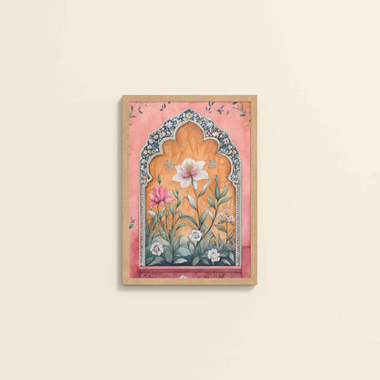 Wall View of Royal Arch & Bloom – Traditional Mughal-Style Painting in Natrual Color Frame