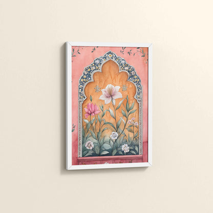 Side View of Royal Arch & Bloom – Traditional Mughal-Style Painting in White Color Frame