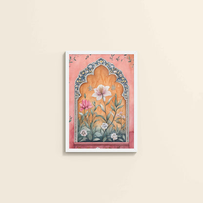 Wall View of Royal Arch & Bloom – Traditional Mughal-Style Painting in White Color Frame