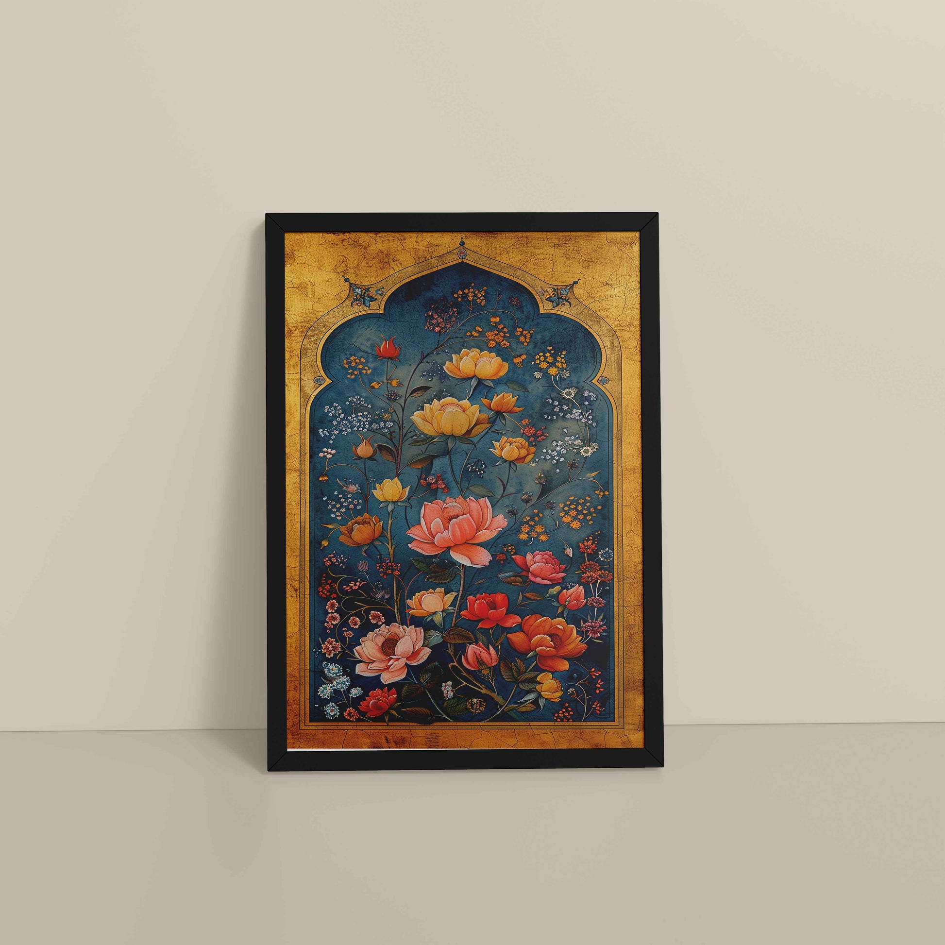 Floor View of Mughal-Persian Blossoms – Floral Elegance for Wall Decor in Black Color Frame