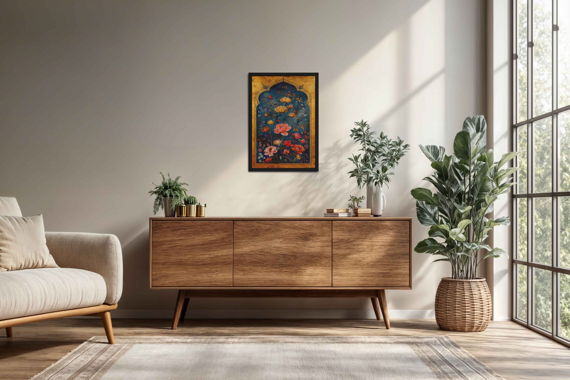 Living Room Cabinet Preview of Mughal-Persian Blossoms – Floral Elegance for Wall Decor in Black Color Frame