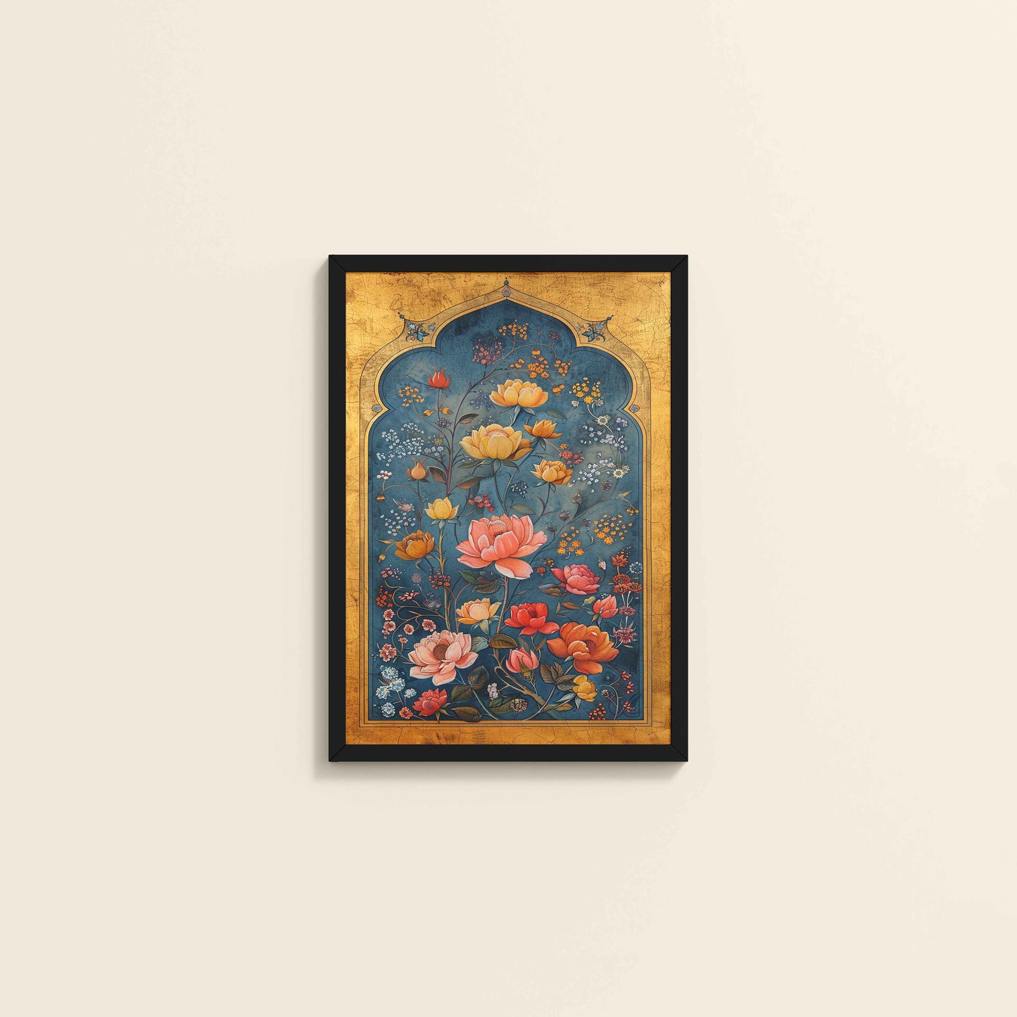 Wall View of Mughal-Persian Blossoms – Floral Elegance for Wall Decor in Black Color Frame