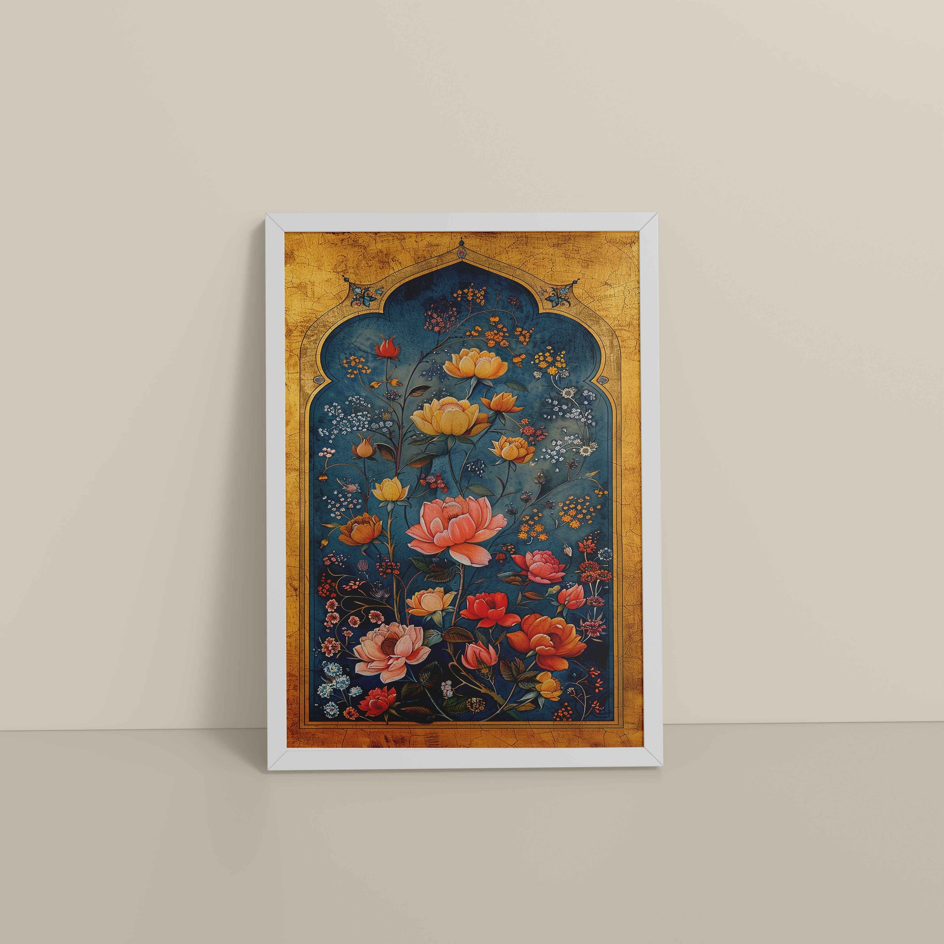 Floor View of Mughal-Persian Blossoms – Floral Elegance for Wall Decor in White Color Frame