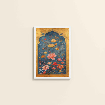 Wall View of Mughal-Persian Blossoms – Floral Elegance for Wall Decor in White Color Frame