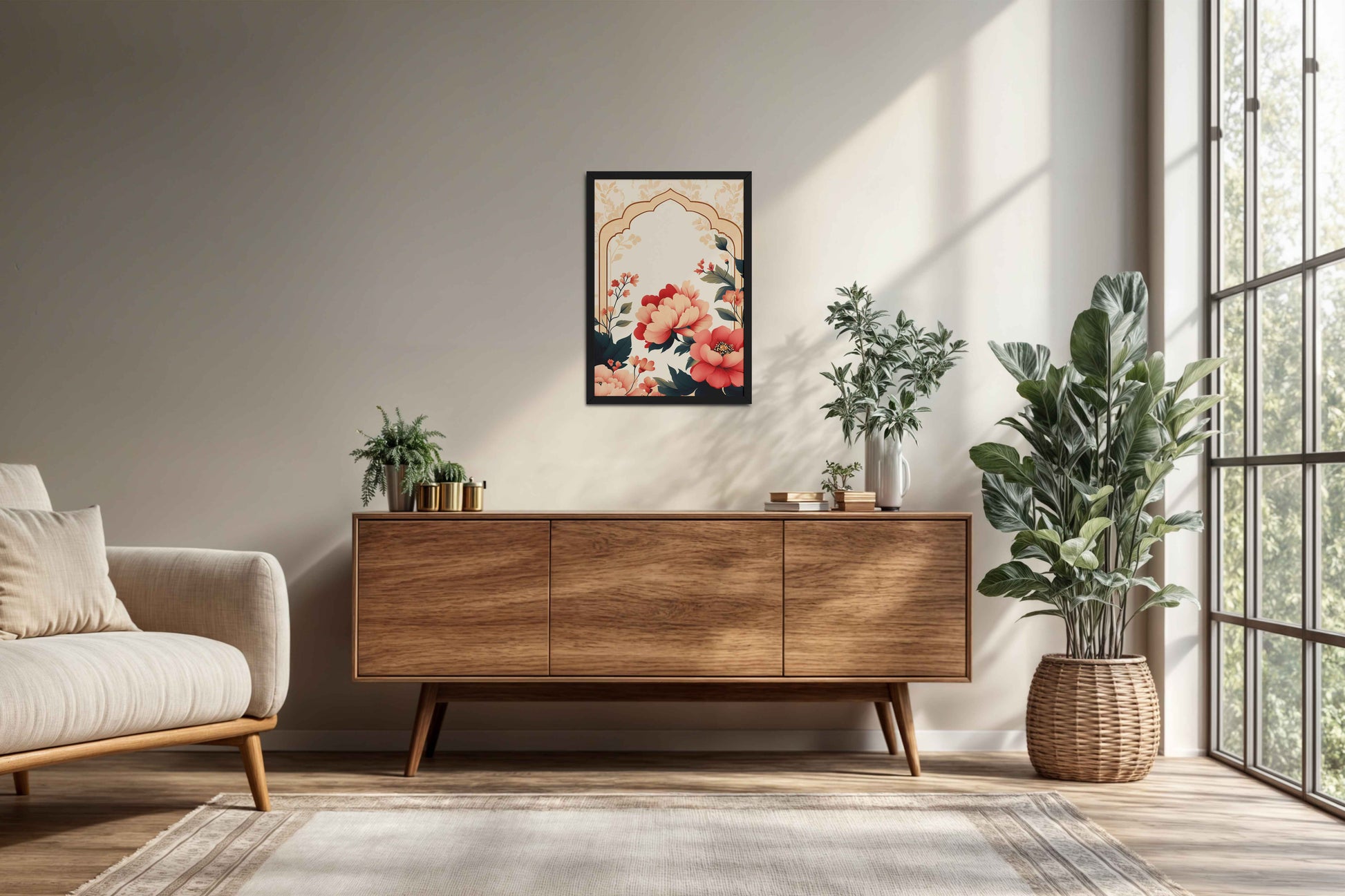 Living Room Cabinet Preview of Floral Harmony – Mughal-Inspired Timeless Artwork in Black Color Frame