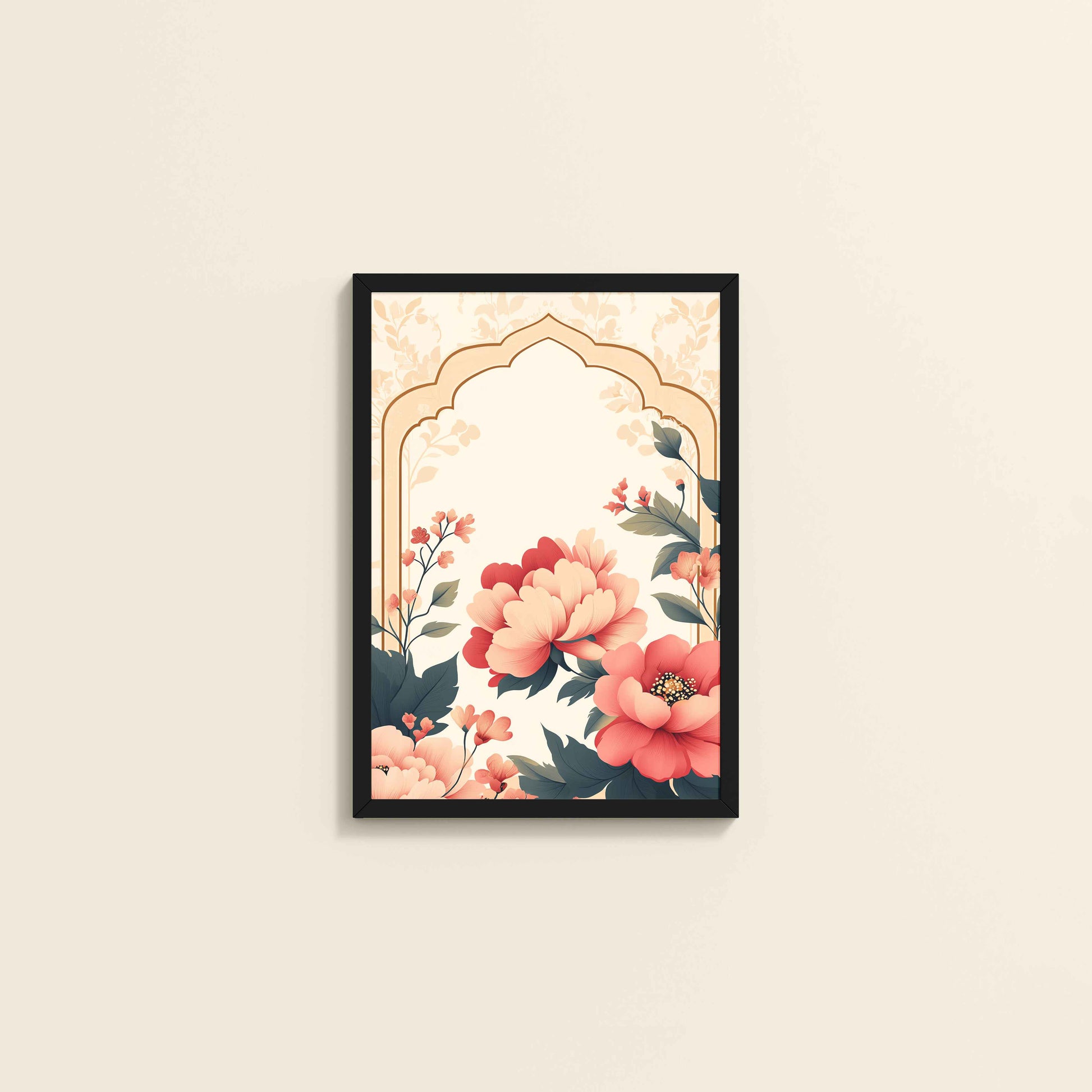 Wall View of Floral Harmony – Mughal-Inspired Timeless Artwork in Black Color Frame