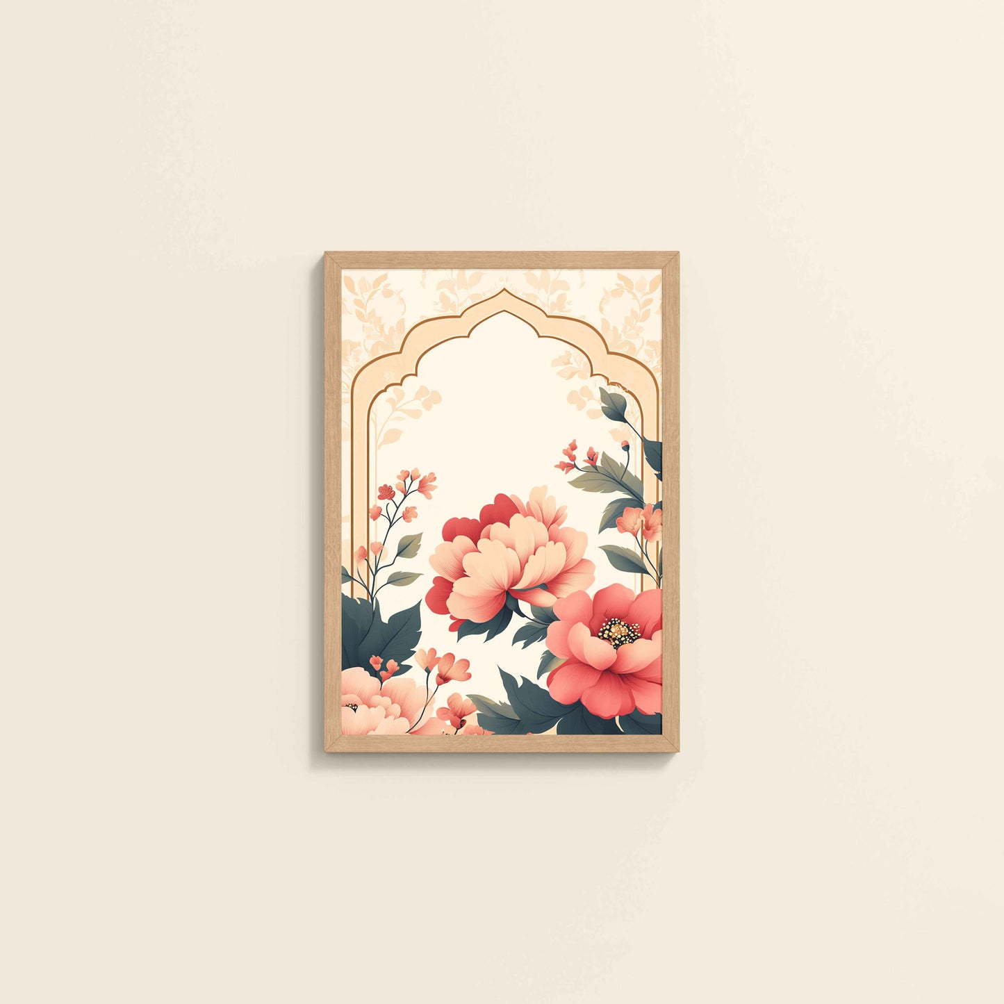 Wall View of Floral Harmony – Mughal-Inspired Timeless Artwork in Natrual Color Frame