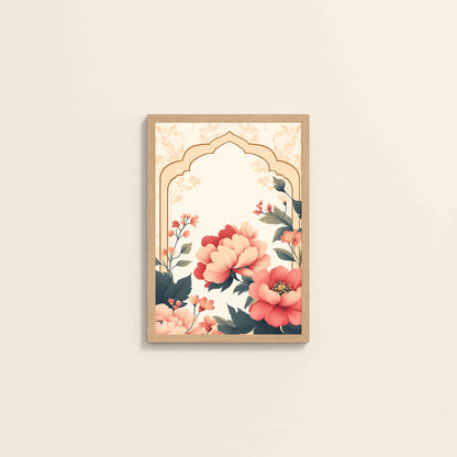 Wall View of Floral Harmony – Mughal-Inspired Timeless Artwork in Natrual Color Frame