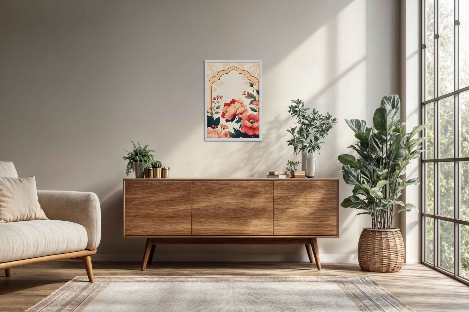 Living Room Cabinet Preview of Floral Harmony – Mughal-Inspired Timeless Artwork in White Color Frame