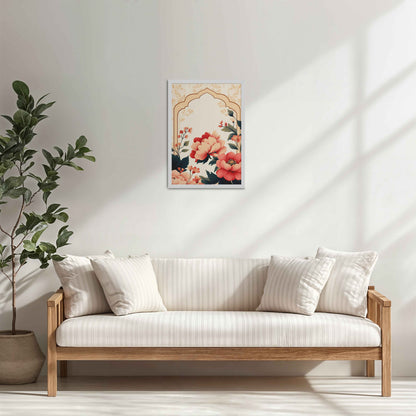 Living Room Cabinet Table Preview of Floral Harmony – Mughal-Inspired Timeless Artwork in White Color Frame