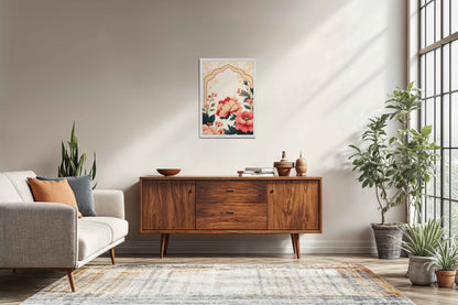 Living Room Sofa Preview of Floral Harmony – Mughal-Inspired Timeless Artwork in White Color Frame