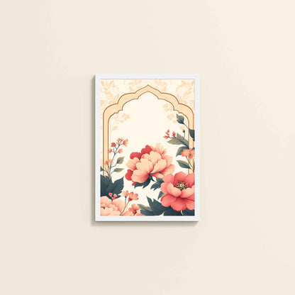Wall View of Floral Harmony – Mughal-Inspired Timeless Artwork in White Color Frame