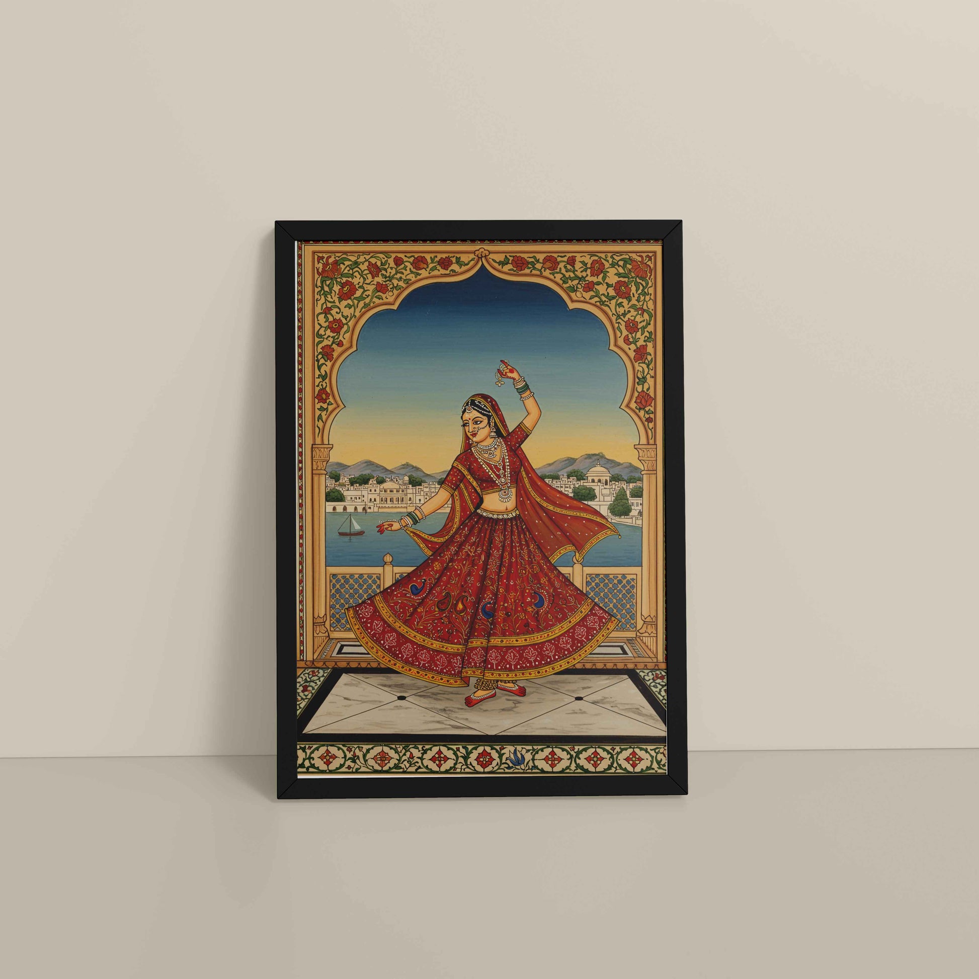 Floor View of Graceful Dance of Indian Woman – Mughal-Inspired Wall Decor in Black Color Frame