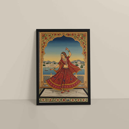 Floor View of Graceful Dance of Indian Woman – Mughal-Inspired Wall Decor in Black Color Frame