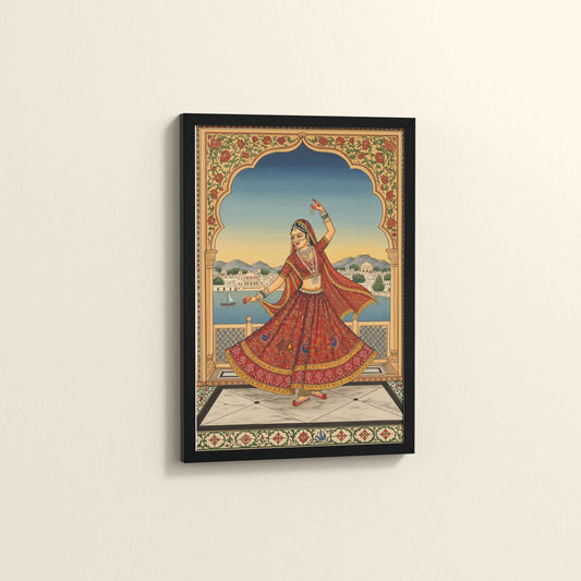 Side View of Graceful Dance of Indian Woman – Mughal-Inspired Wall Decor in Black Color Frame