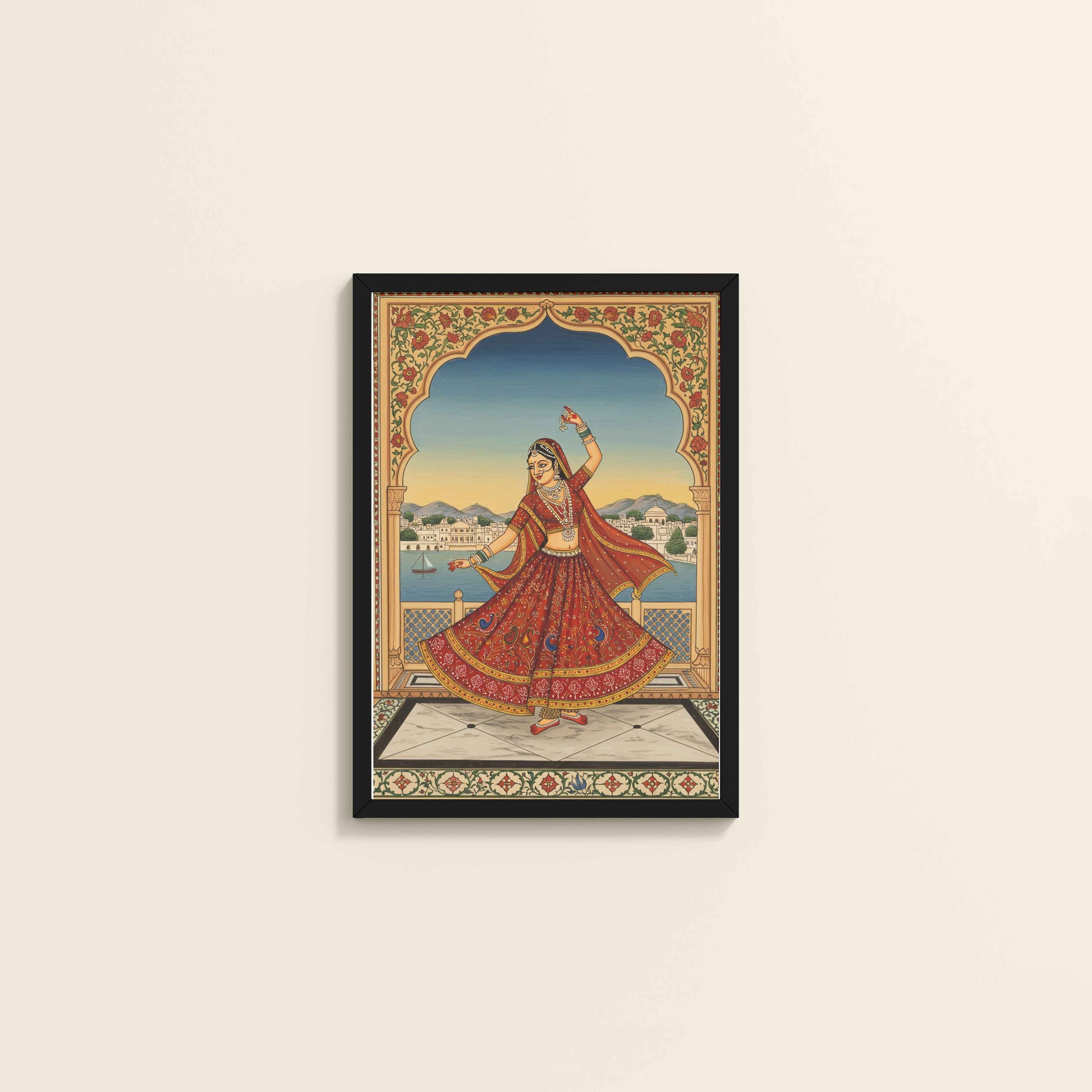 Wall View of Graceful Dance of Indian Woman – Mughal-Inspired Wall Decor in Black Color Frame