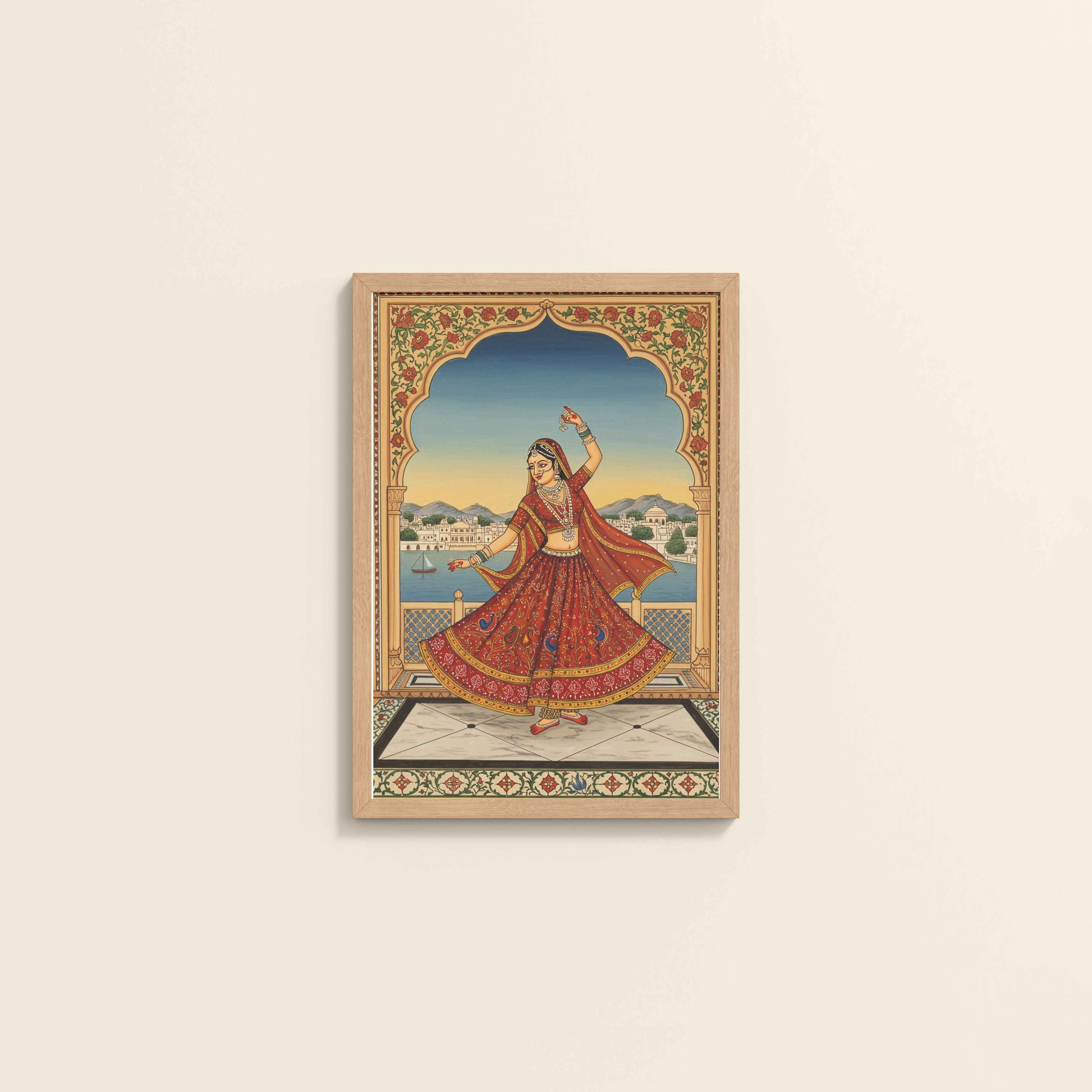 Wall View of Graceful Dance of Indian Woman – Mughal-Inspired Wall Decor in Natrual Color Frame