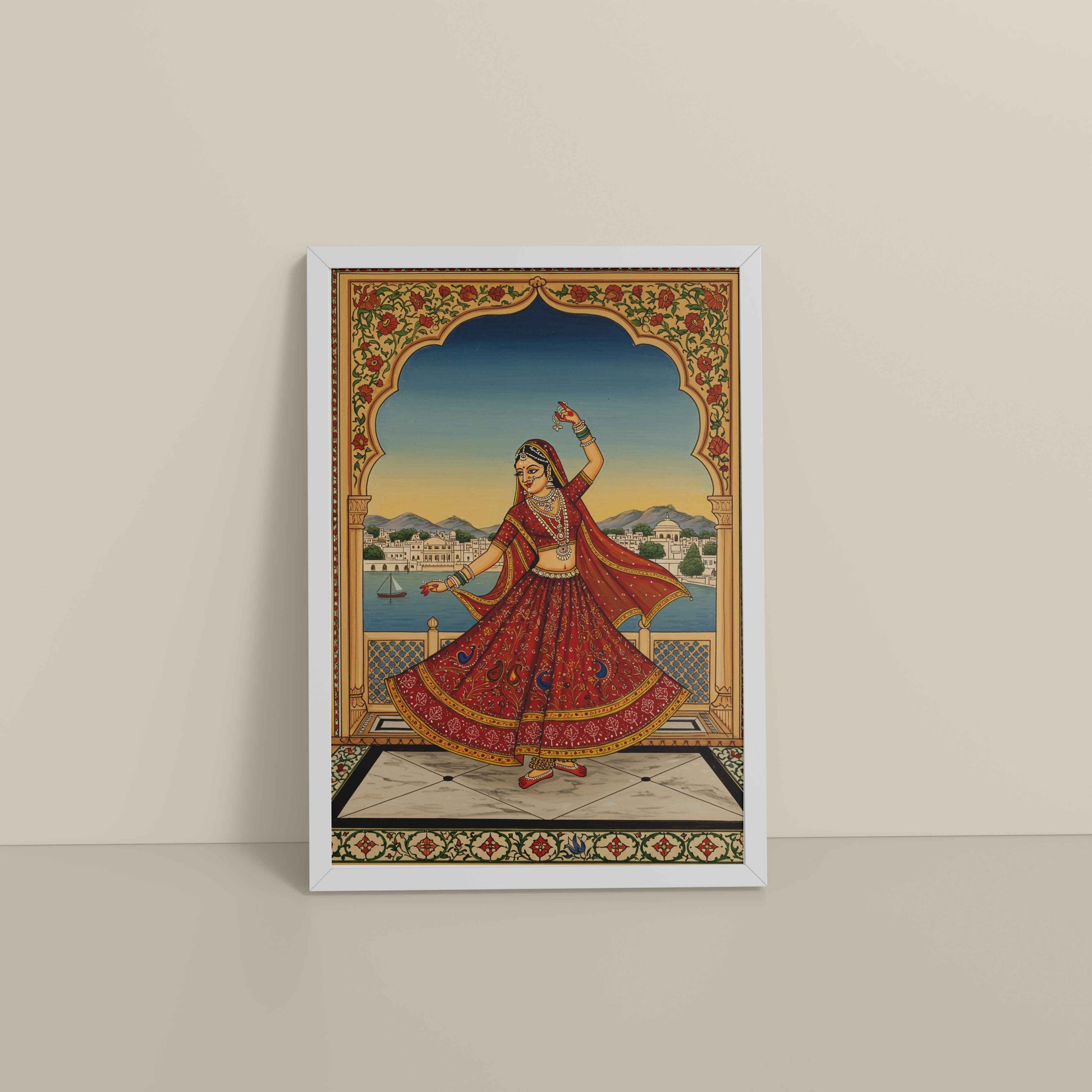 Floor View of Graceful Dance of Indian Woman – Mughal-Inspired Wall Decor in White Color Frame