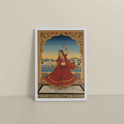 Floor View of Graceful Dance of Indian Woman – Mughal-Inspired Wall Decor in White Color Frame