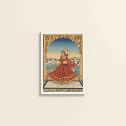 Wall View of Graceful Dance of Indian Woman – Mughal-Inspired Wall Decor in White Color Frame