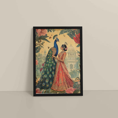 Floor View of Royal Queen with Beautiful Peacock – Timeless Mughal-Inspired Artwork in Black Color Frame