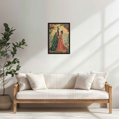 Living Room Cabinet Table Preview of Royal Queen with Beautiful Peacock – Timeless Mughal-Inspired Artwork in Black Color Frame