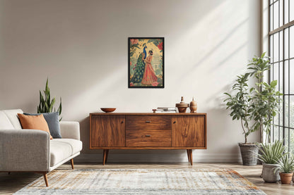 Living Room Sofa Preview of Royal Queen with Beautiful Peacock – Timeless Mughal-Inspired Artwork in Black Color Frame