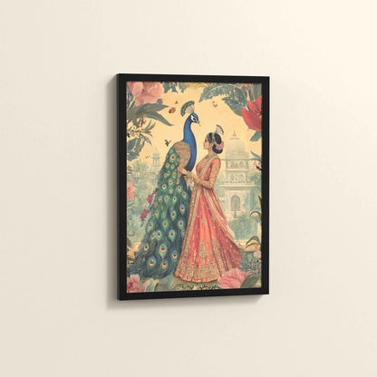 Side View of Royal Queen with Beautiful Peacock – Timeless Mughal-Inspired Artwork in Black Color Frame