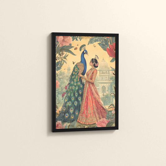 Side View of Royal Queen with Beautiful Peacock – Timeless Mughal-Inspired Artwork in Black Color Frame